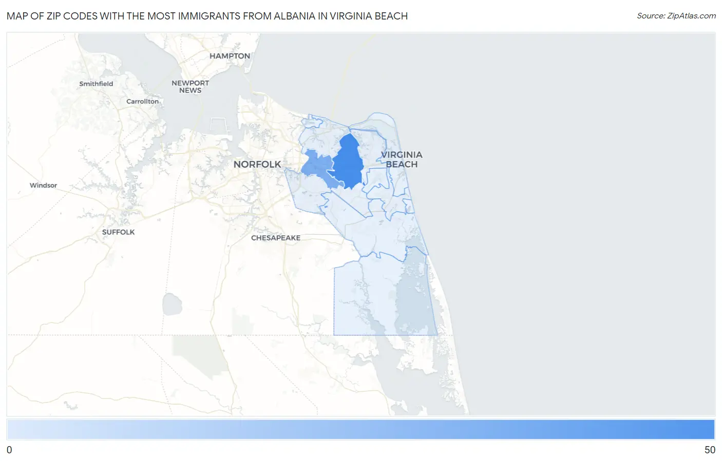 Zip Codes with the Most Immigrants from Albania in Virginia Beach Map