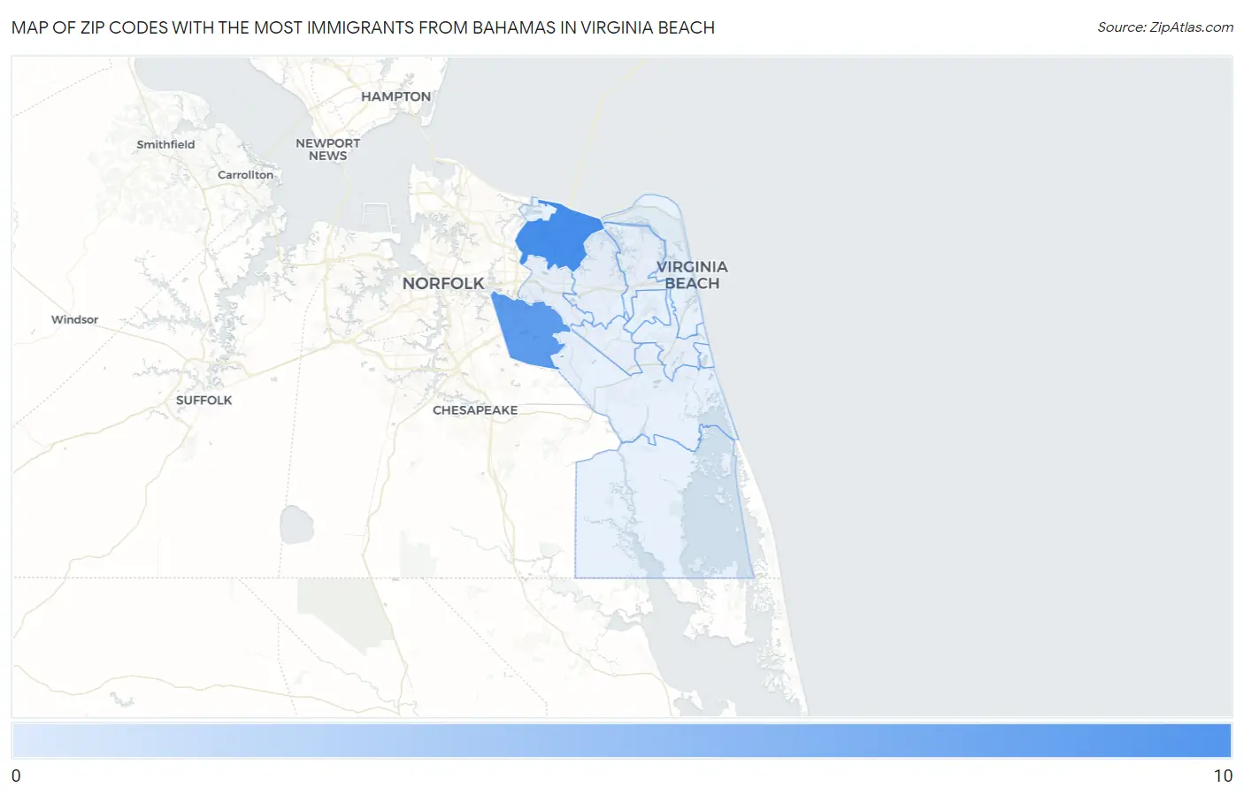 Zip Codes with the Most Immigrants from Bahamas in Virginia Beach Map