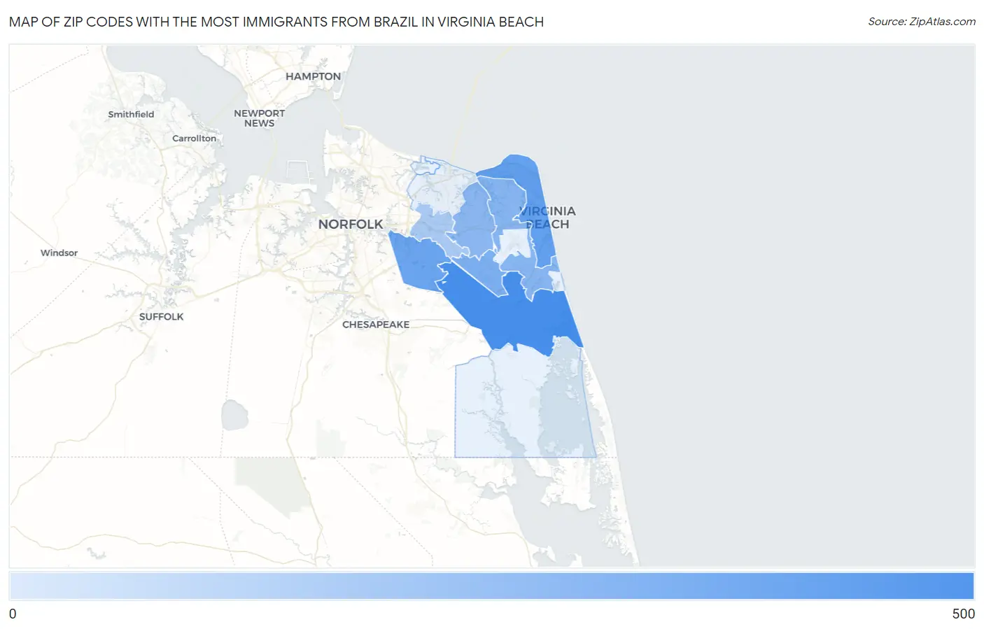 Zip Codes with the Most Immigrants from Brazil in Virginia Beach Map