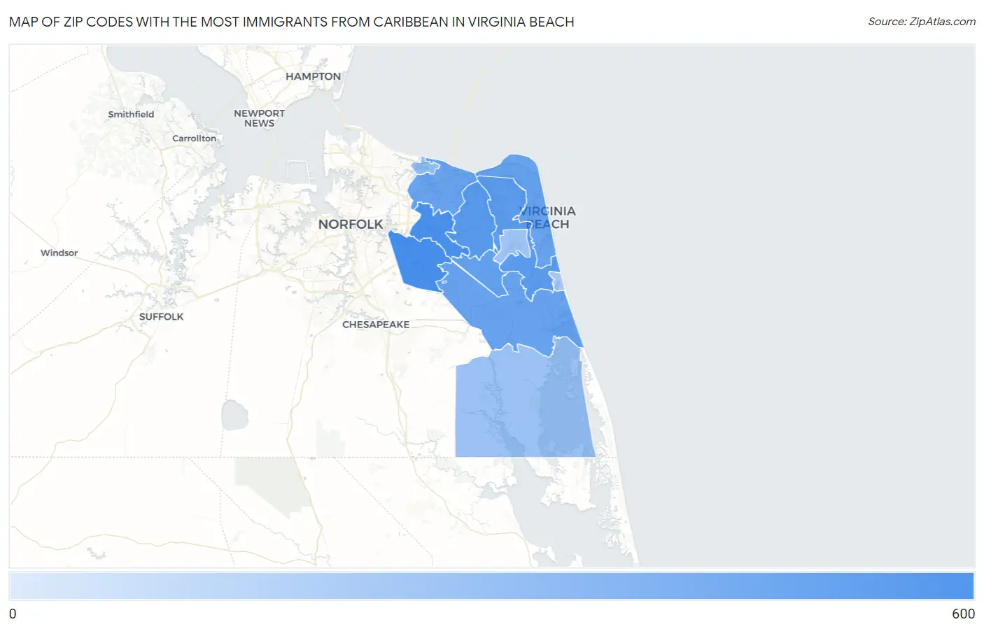 Zip Codes with the Most Immigrants from Caribbean in Virginia Beach Map