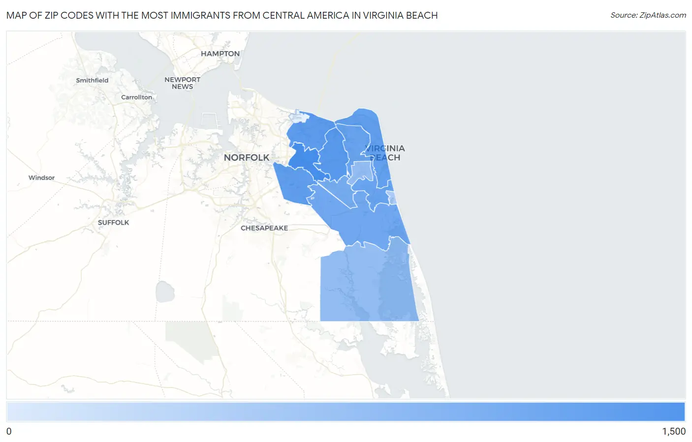 Zip Codes with the Most Immigrants from Central America in Virginia Beach Map