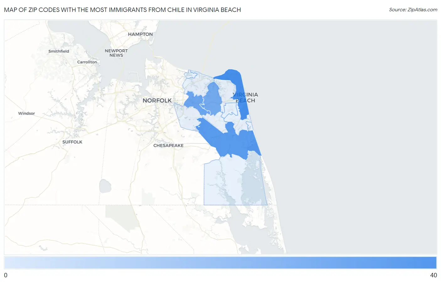 Zip Codes with the Most Immigrants from Chile in Virginia Beach Map
