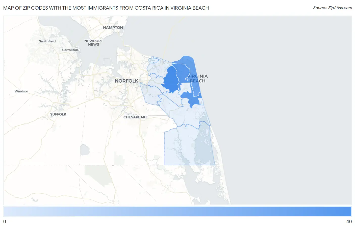 Zip Codes with the Most Immigrants from Costa Rica in Virginia Beach Map