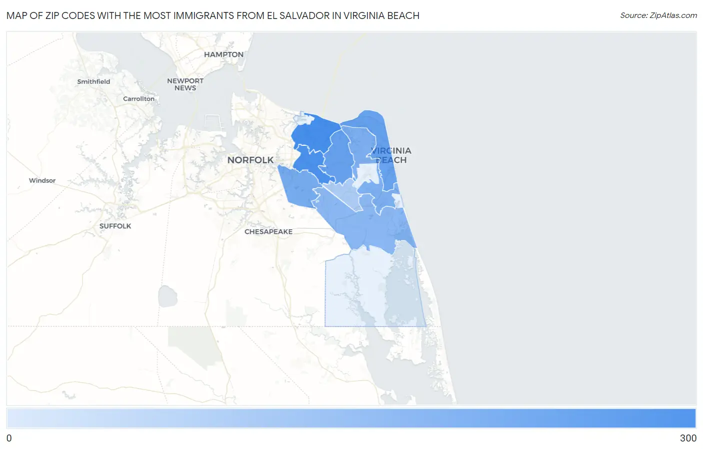Zip Codes with the Most Immigrants from El Salvador in Virginia Beach Map