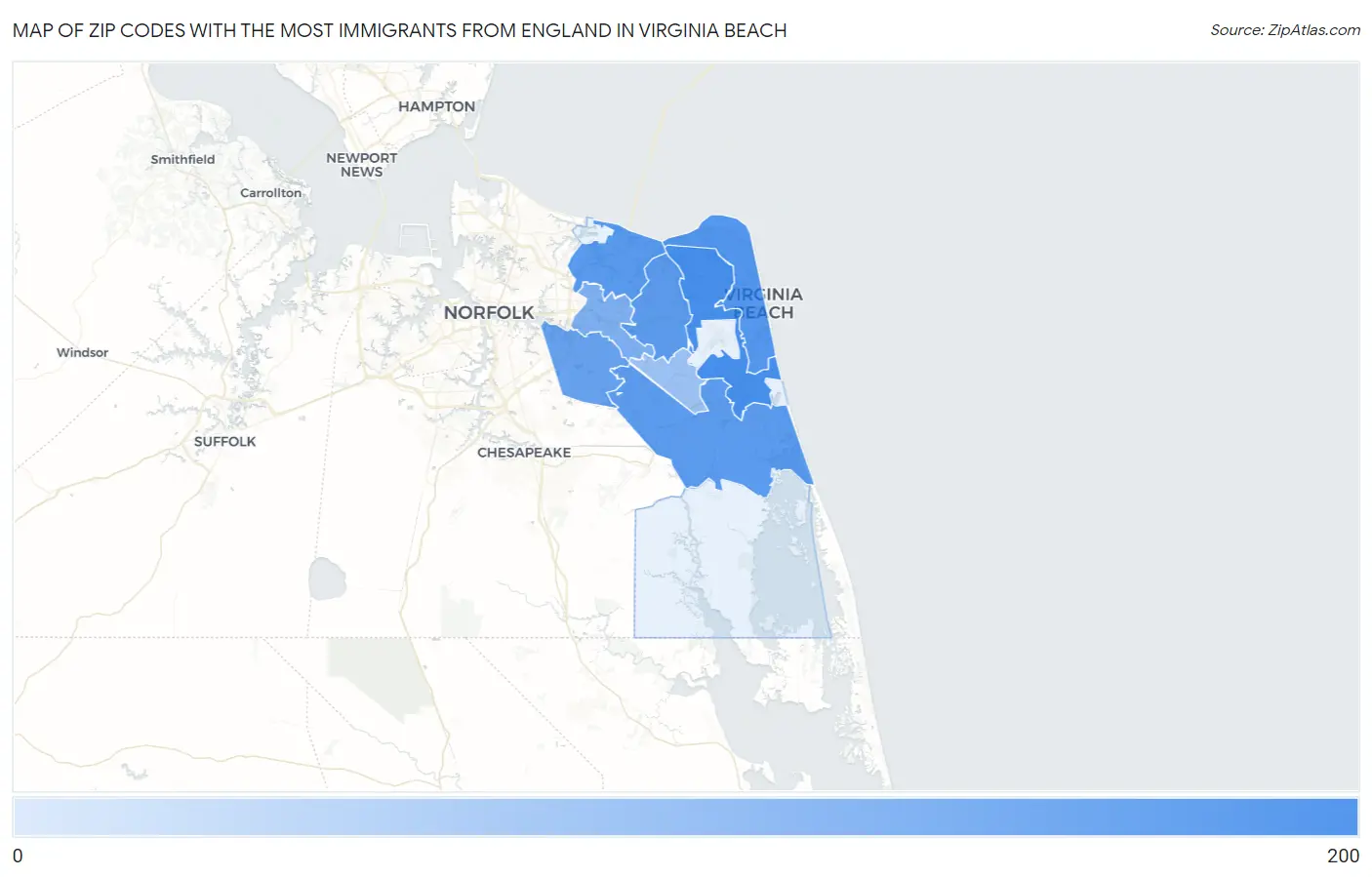 Zip Codes with the Most Immigrants from England in Virginia Beach Map