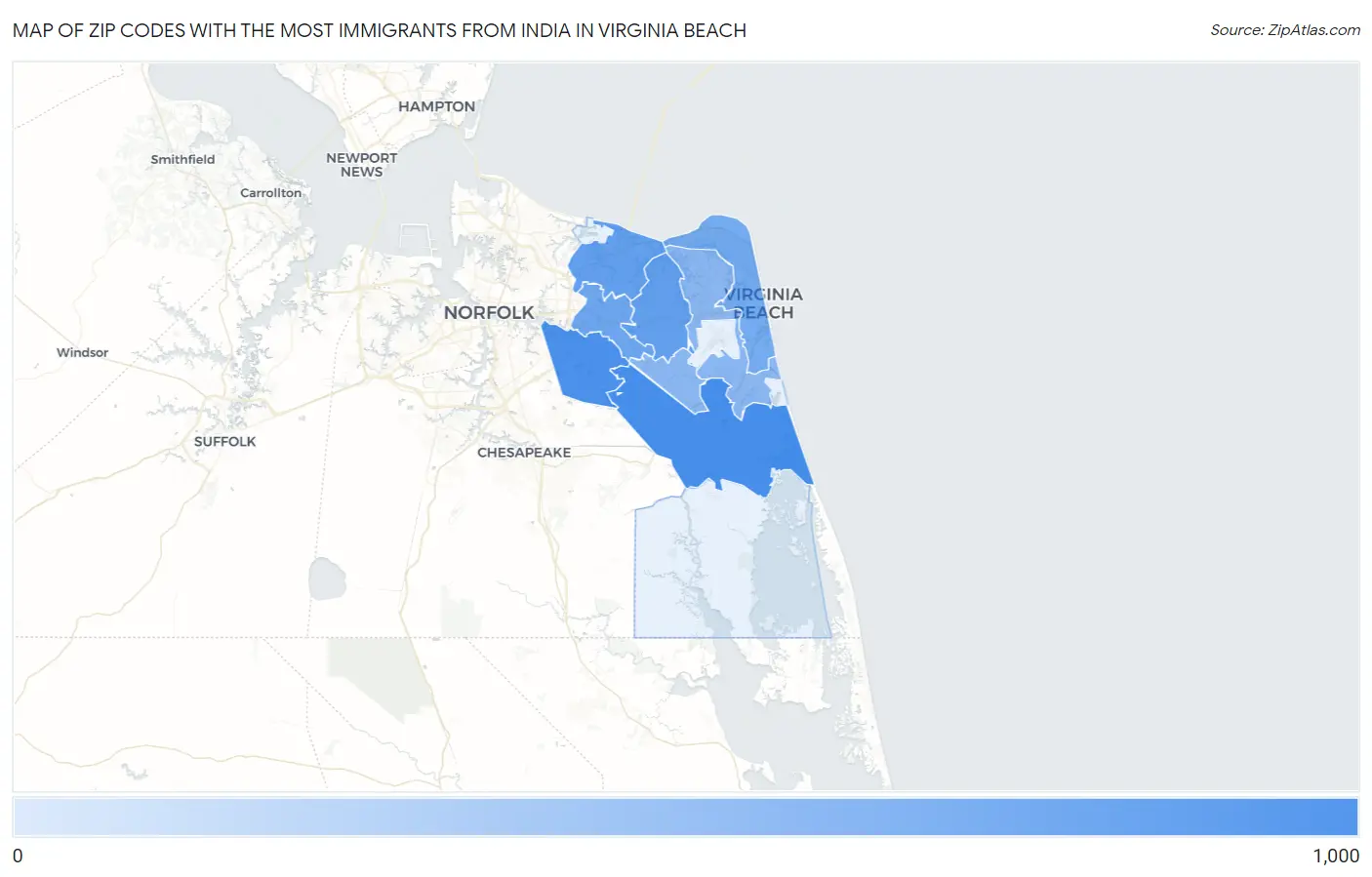 Zip Codes with the Most Immigrants from India in Virginia Beach Map