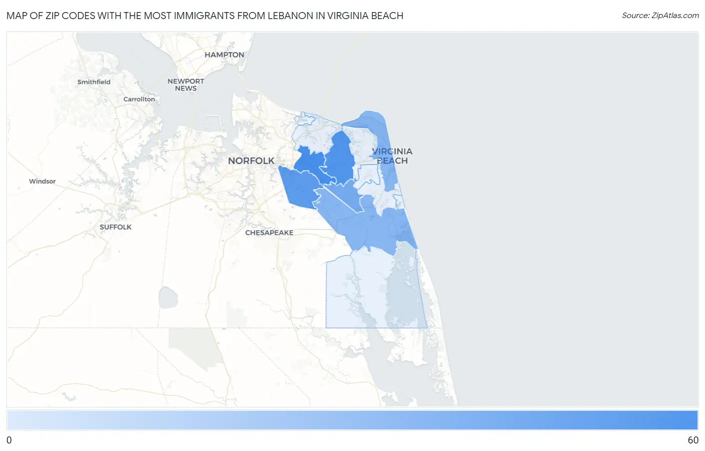Zip Codes with the Most Immigrants from Lebanon in Virginia Beach Map