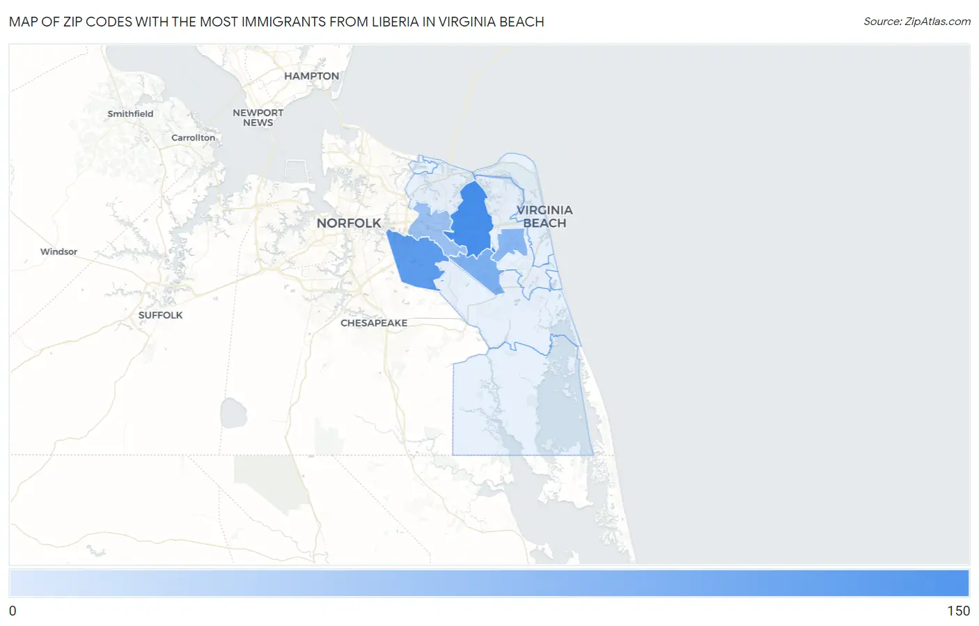 Zip Codes with the Most Immigrants from Liberia in Virginia Beach Map