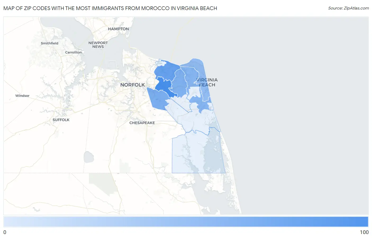 Zip Codes with the Most Immigrants from Morocco in Virginia Beach Map