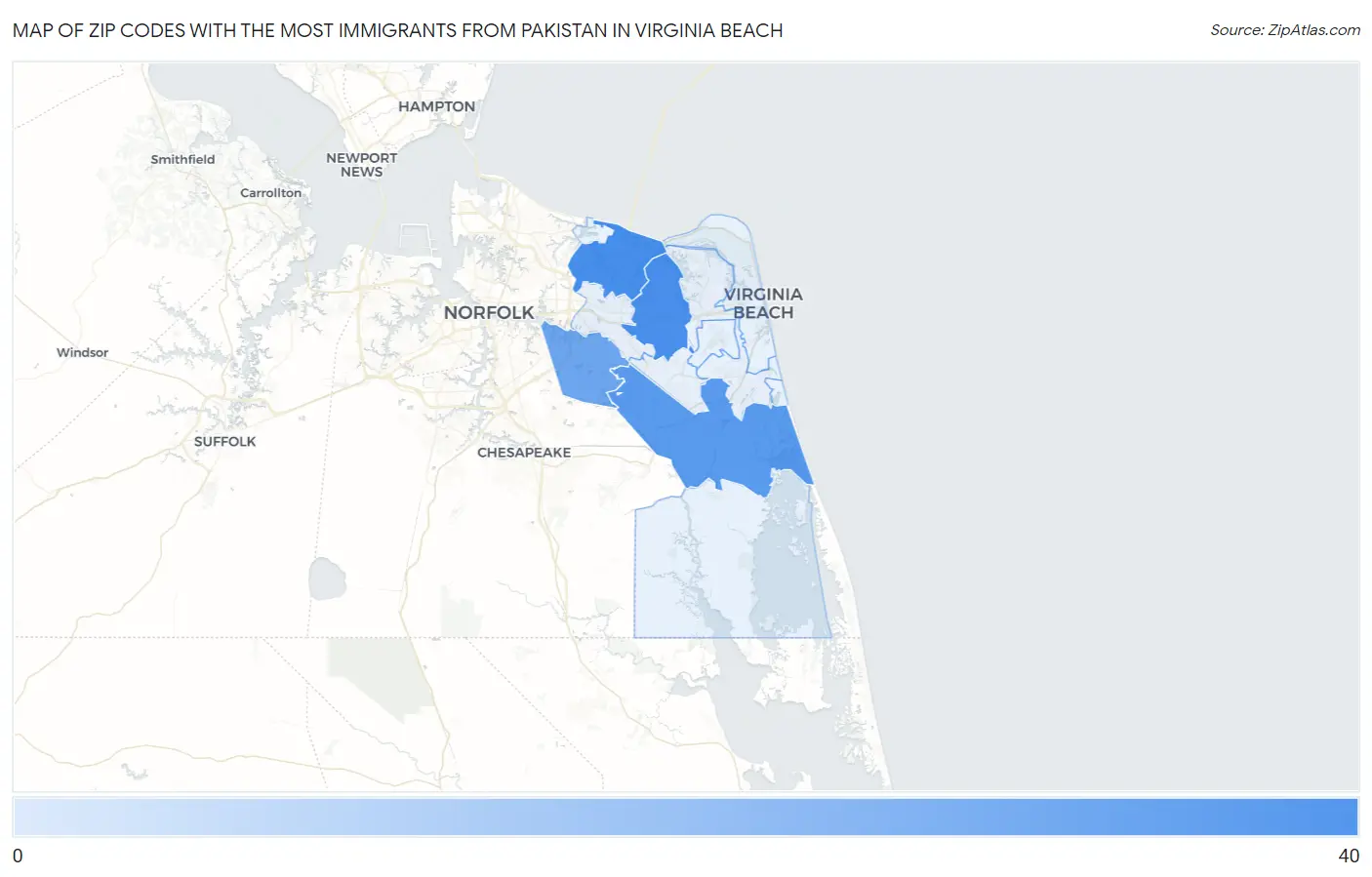 Zip Codes with the Most Immigrants from Pakistan in Virginia Beach Map