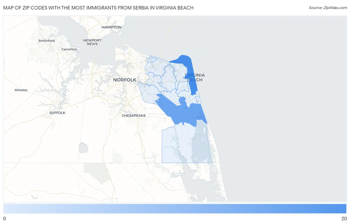 Zip Codes with the Most Immigrants from Serbia in Virginia Beach Map