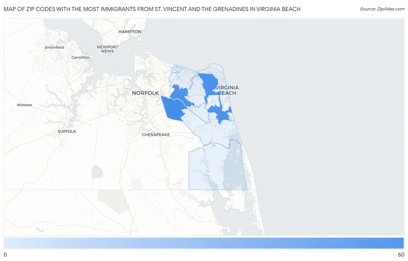 Zip Codes with the Most Immigrants from St. Vincent and the Grenadines in Virginia Beach Map