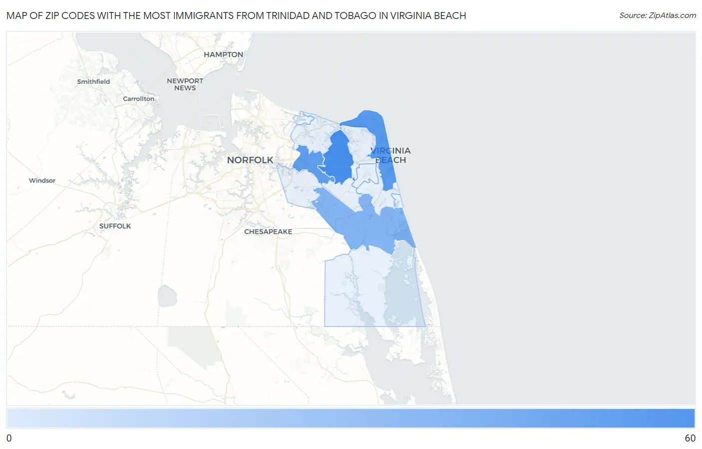 Zip Codes with the Most Immigrants from Trinidad and Tobago in Virginia Beach Map