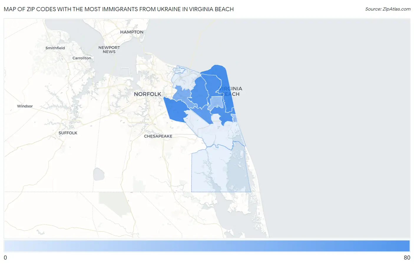 Zip Codes with the Most Immigrants from Ukraine in Virginia Beach Map