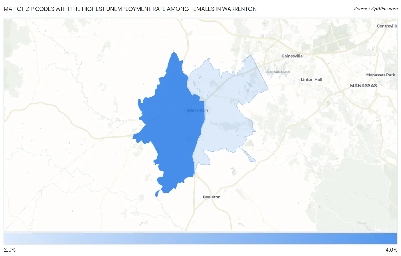 Zip Codes with the Highest Unemployment Rate Among Females in Warrenton Map