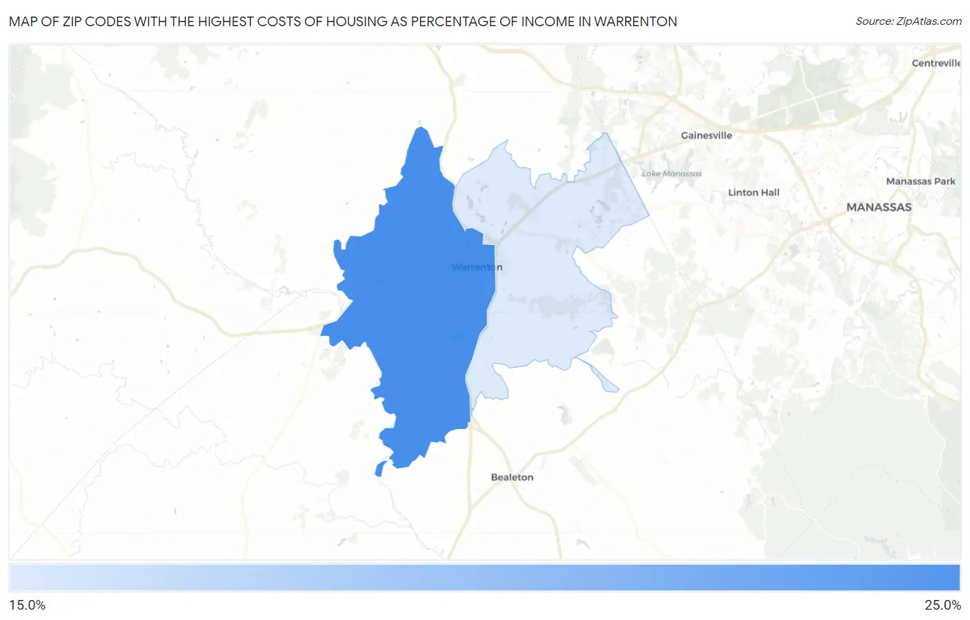 Zip Codes with the Highest Costs of Housing as Percentage of Income in Warrenton Map