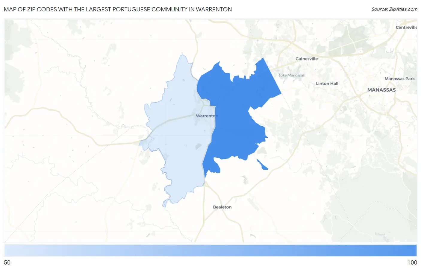 Zip Codes with the Largest Portuguese Community in Warrenton Map
