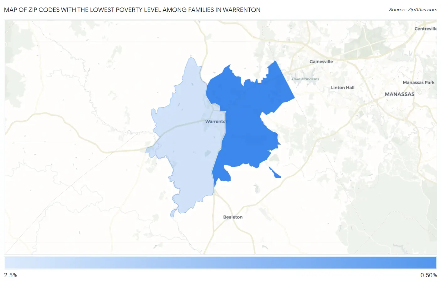 Zip Codes with the Lowest Poverty Level Among Families in Warrenton Map