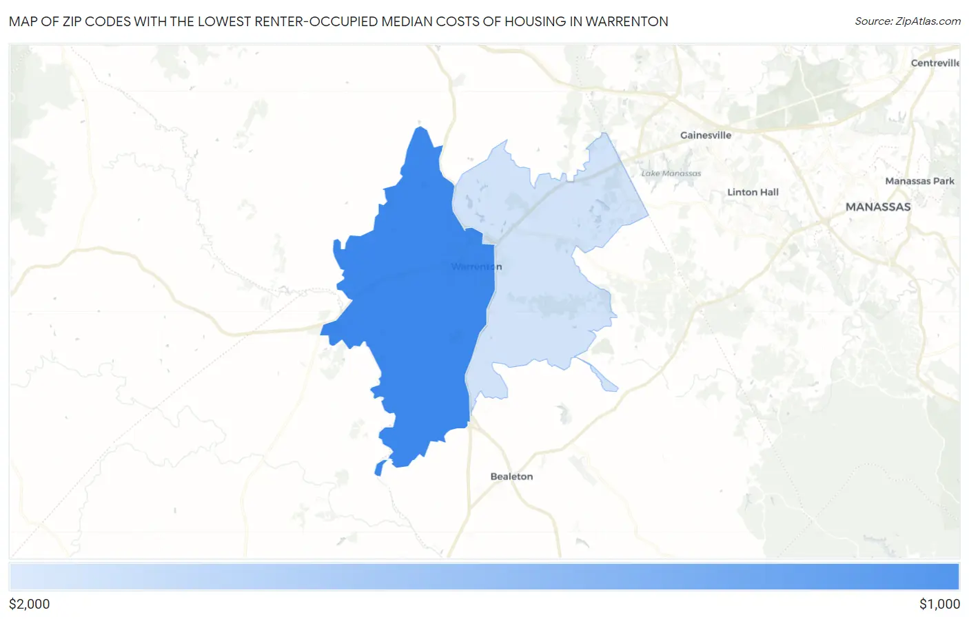 Zip Codes with the Lowest Renter-Occupied Median Costs of Housing in Warrenton Map