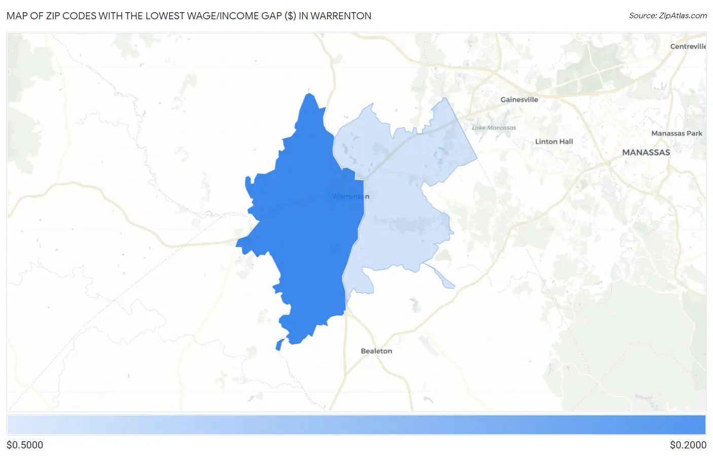 Zip Codes with the Lowest Wage/Income Gap ($) in Warrenton Map