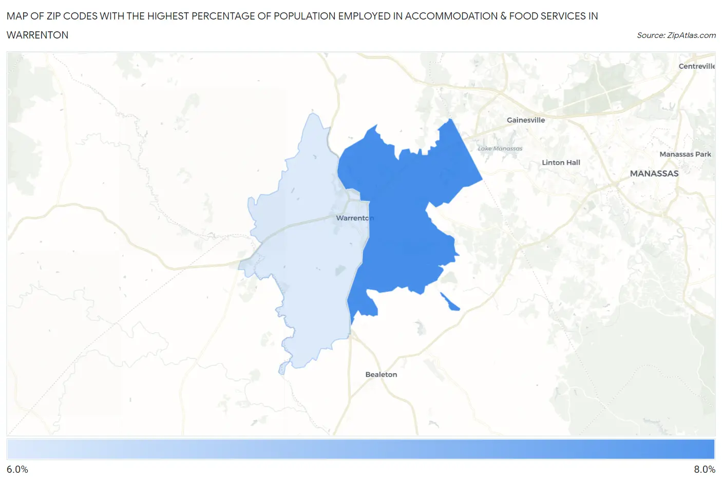 Zip Codes with the Highest Percentage of Population Employed in Accommodation & Food Services in Warrenton Map