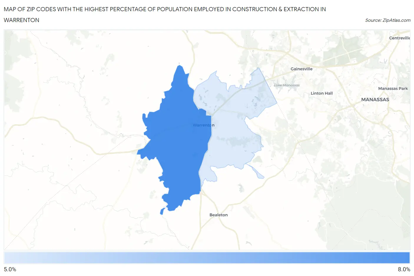 Zip Codes with the Highest Percentage of Population Employed in Construction & Extraction in Warrenton Map