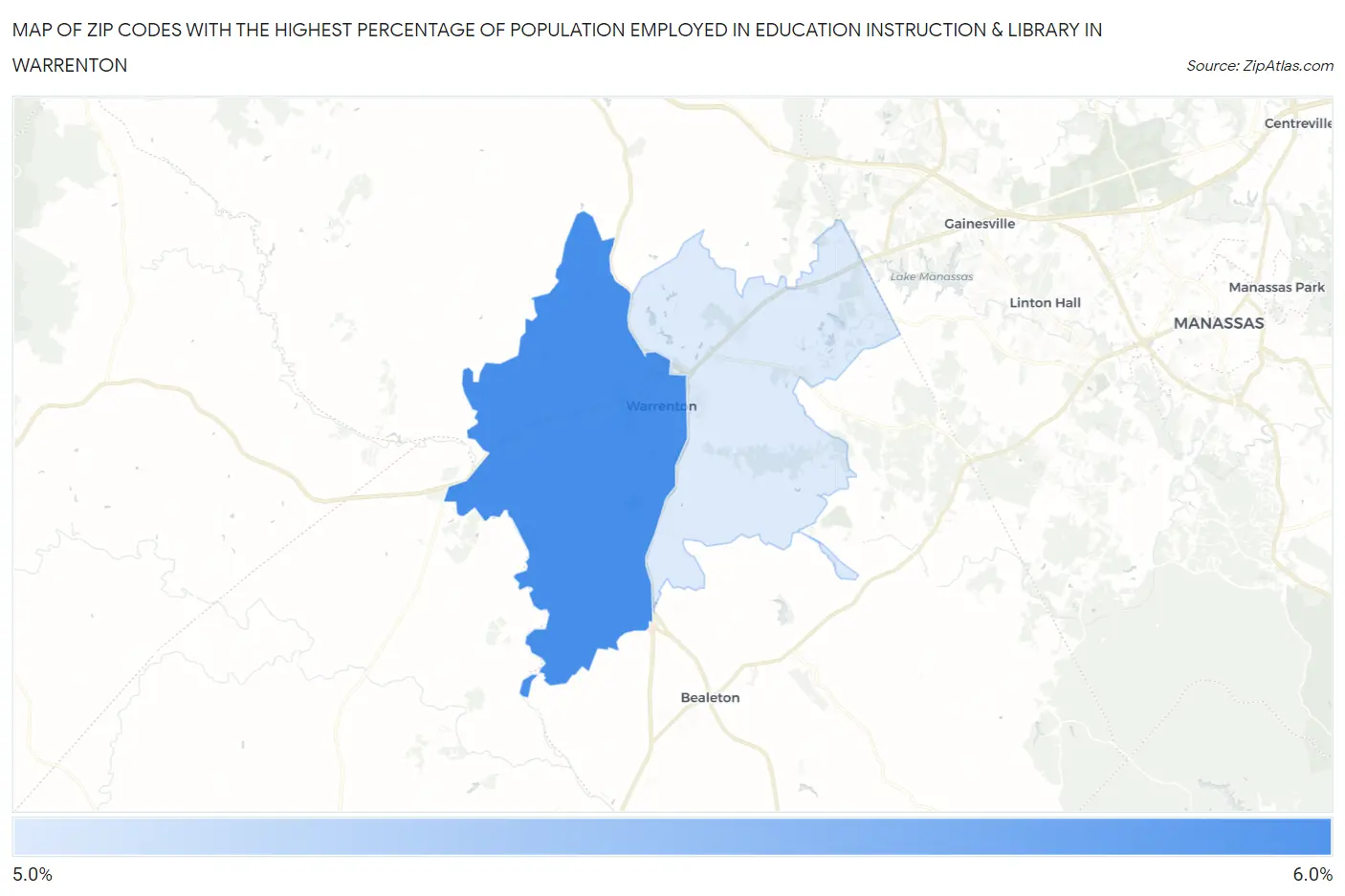 Zip Codes with the Highest Percentage of Population Employed in Education Instruction & Library in Warrenton Map