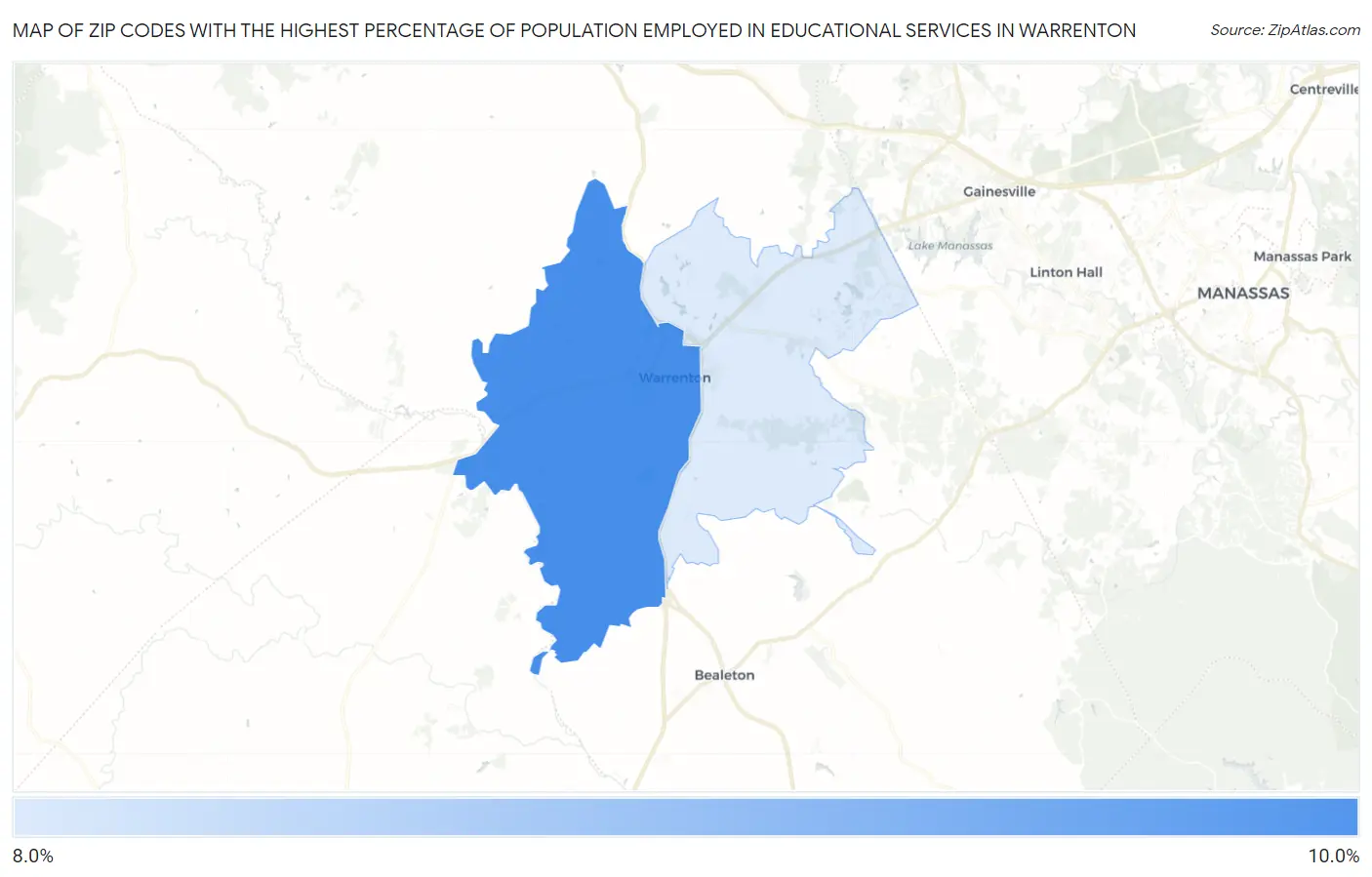 Zip Codes with the Highest Percentage of Population Employed in Educational Services in Warrenton Map