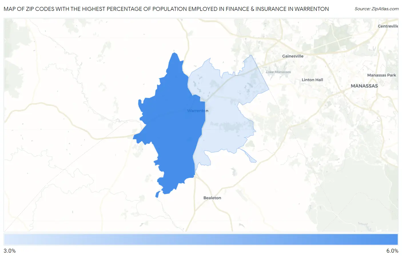 Zip Codes with the Highest Percentage of Population Employed in Finance & Insurance in Warrenton Map