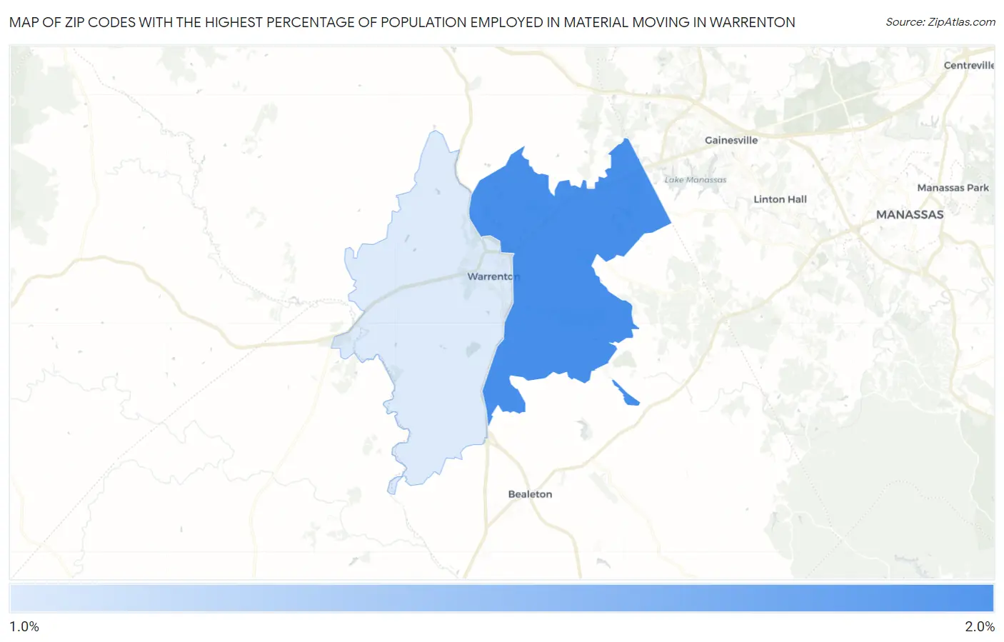 Zip Codes with the Highest Percentage of Population Employed in Material Moving in Warrenton Map