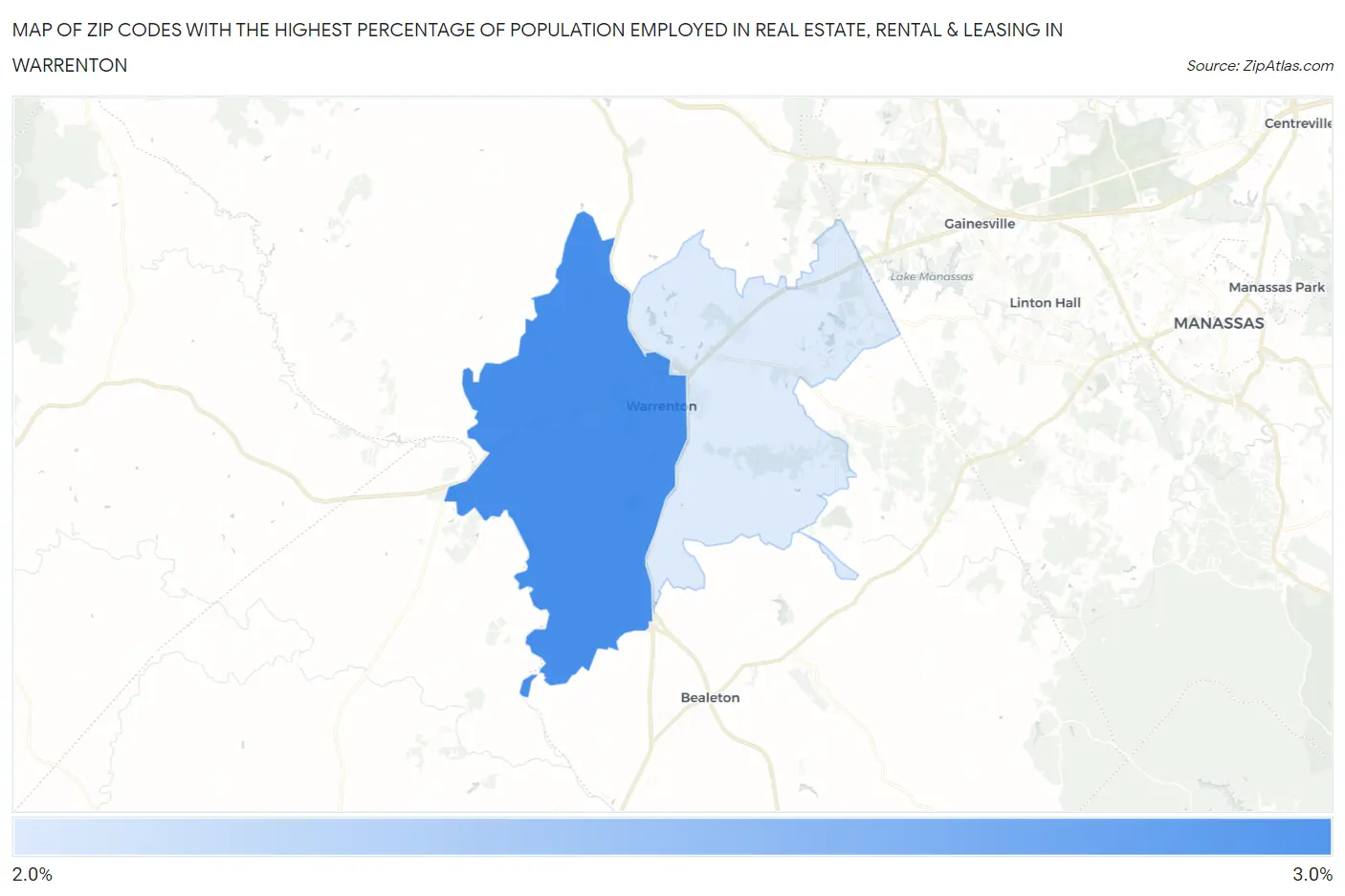 Zip Codes with the Highest Percentage of Population Employed in Real Estate, Rental & Leasing in Warrenton Map