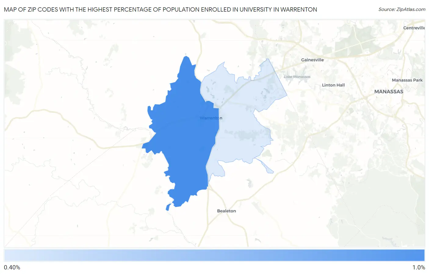 Zip Codes with the Highest Percentage of Population Enrolled in University in Warrenton Map