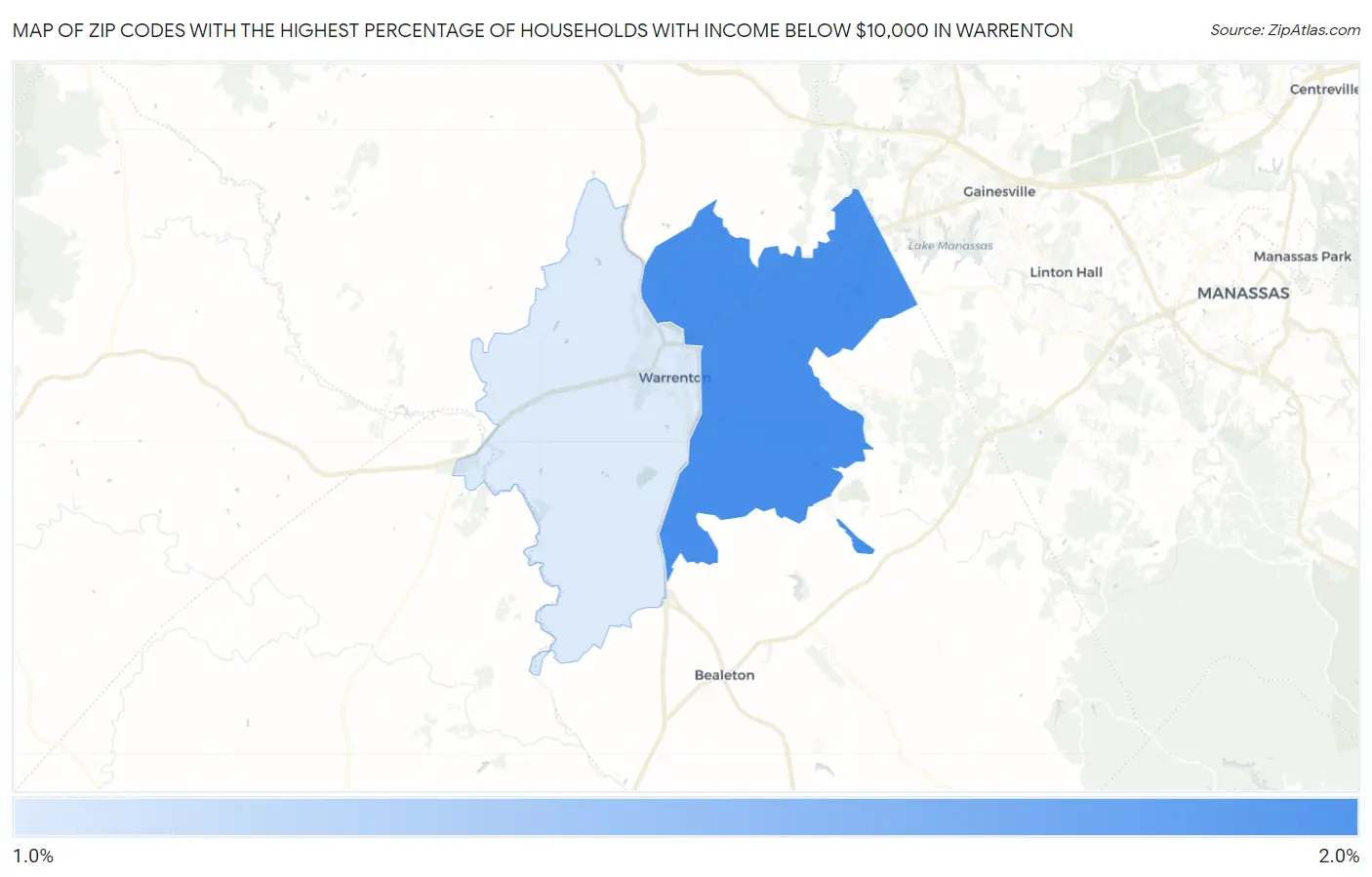 Zip Codes with the Highest Percentage of Households with Income Below $10,000 in Warrenton Map