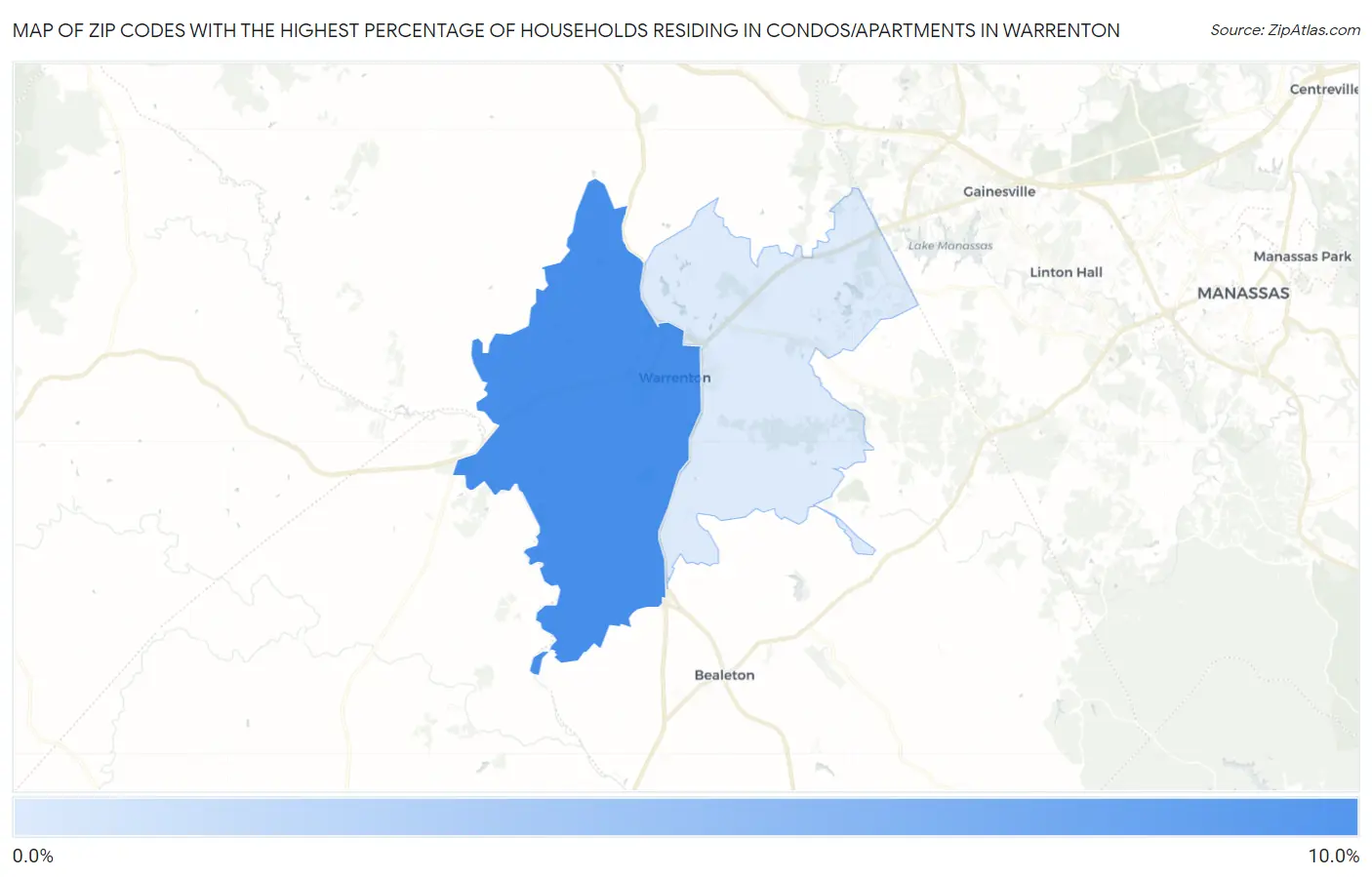 Zip Codes with the Highest Percentage of Households Residing in Condos/Apartments in Warrenton Map