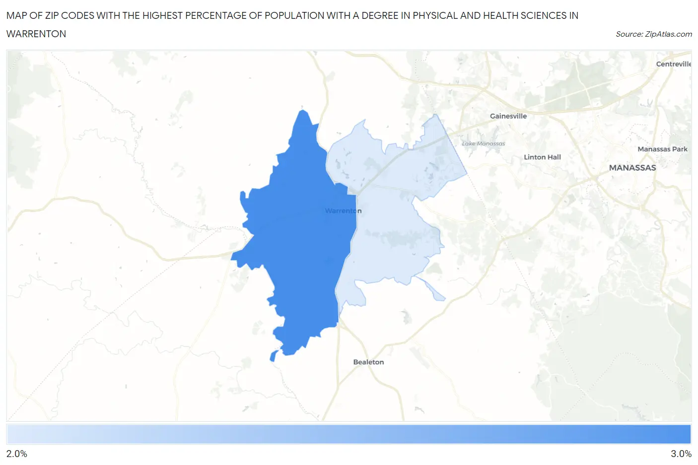 Zip Codes with the Highest Percentage of Population with a Degree in Physical and Health Sciences in Warrenton Map