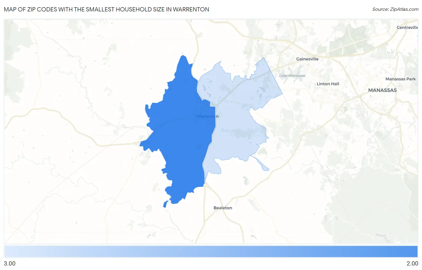 Zip Codes with the Smallest Household Size in Warrenton Map