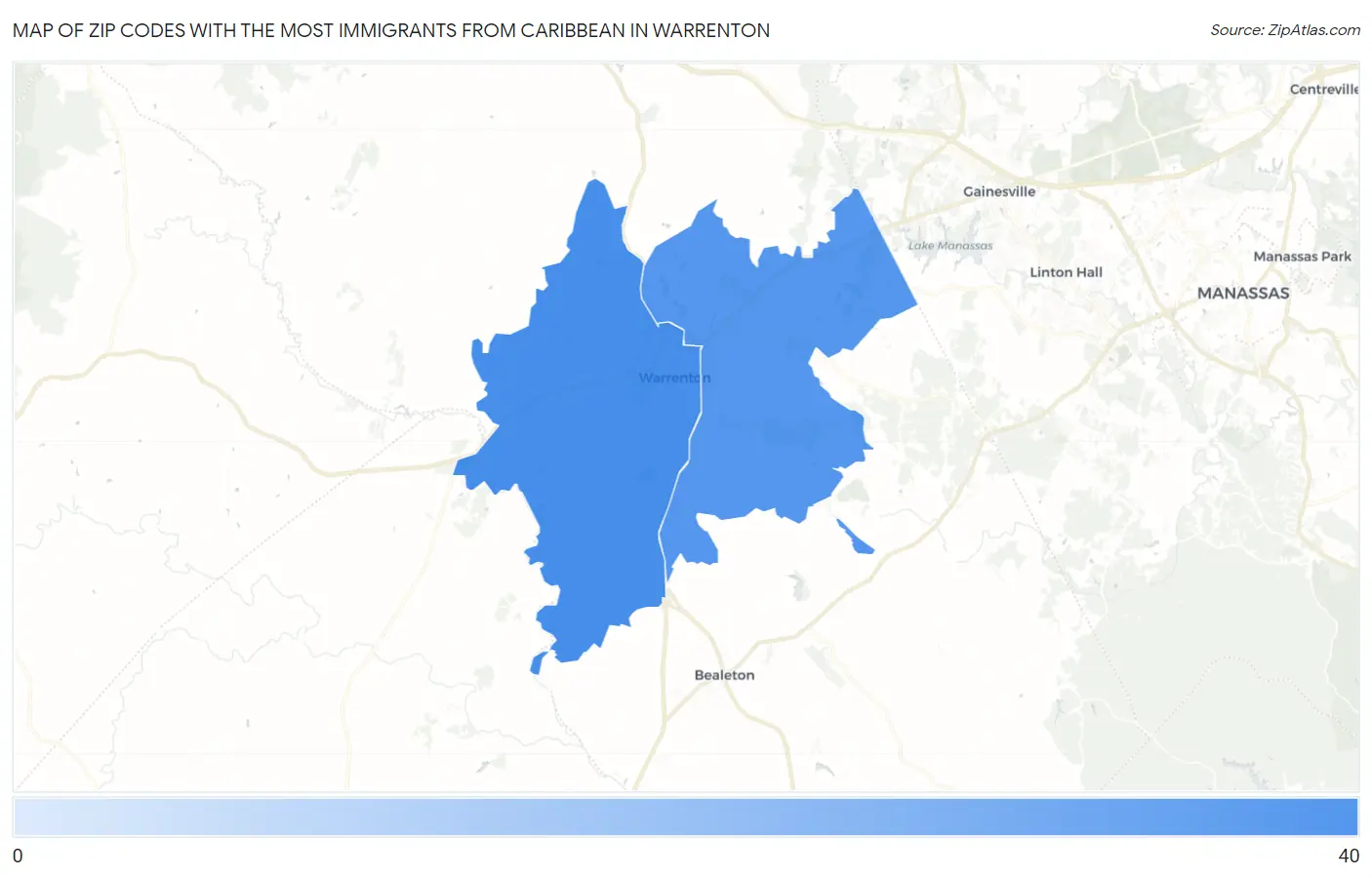 Zip Codes with the Most Immigrants from Caribbean in Warrenton Map