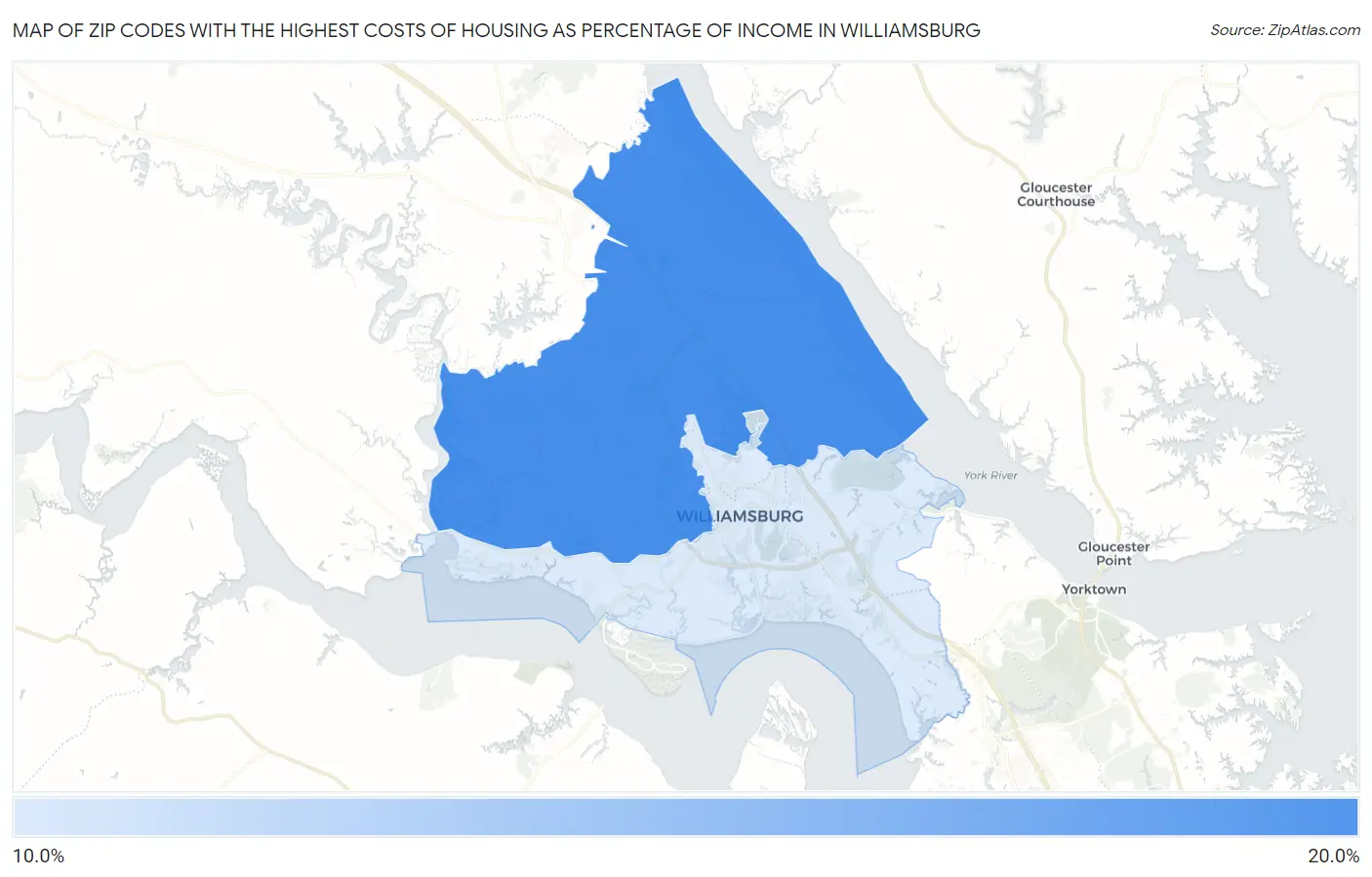 Zip Codes with the Highest Costs of Housing as Percentage of Income in Williamsburg Map