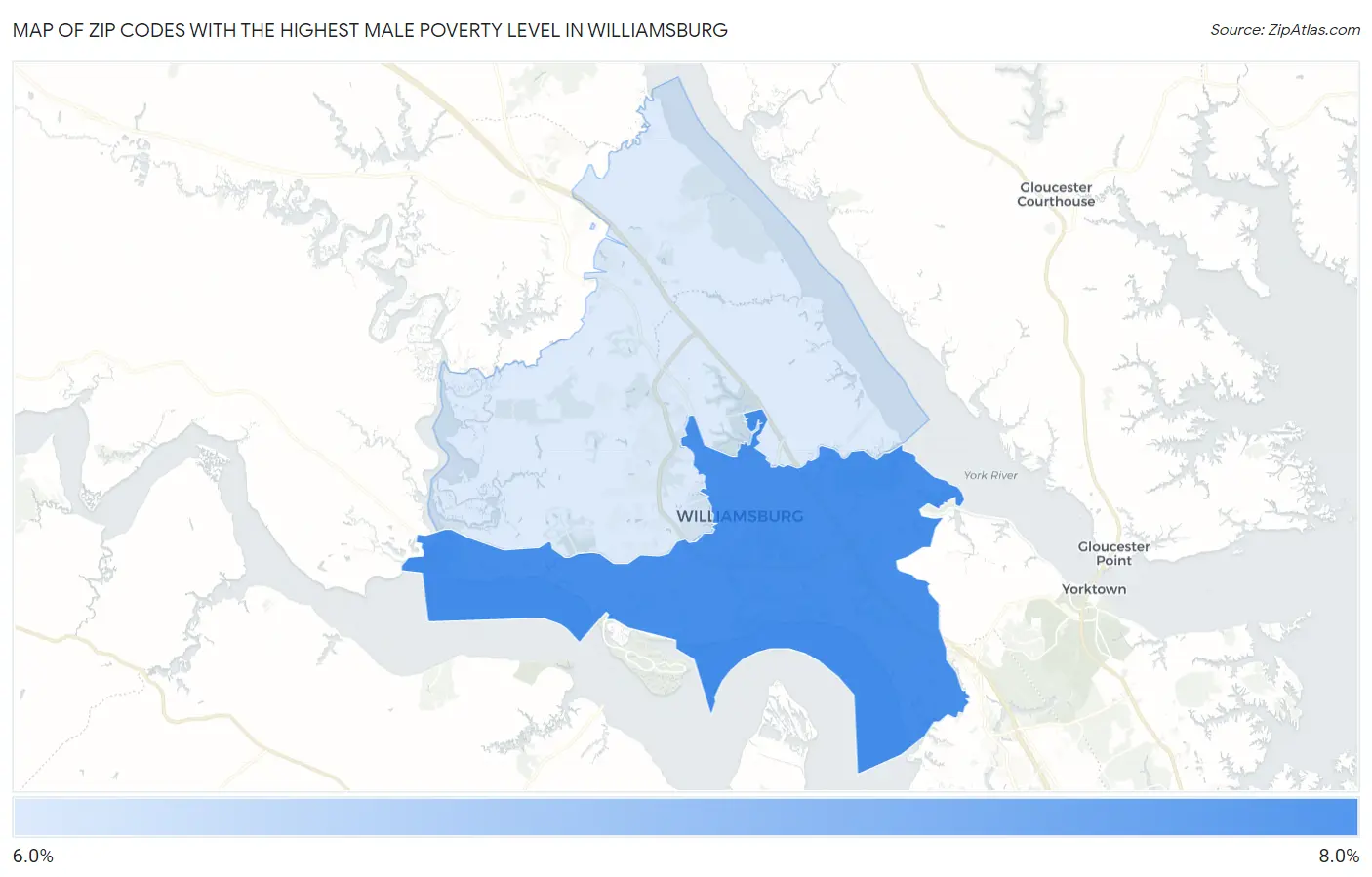 Zip Codes with the Highest Male Poverty Level in Williamsburg Map