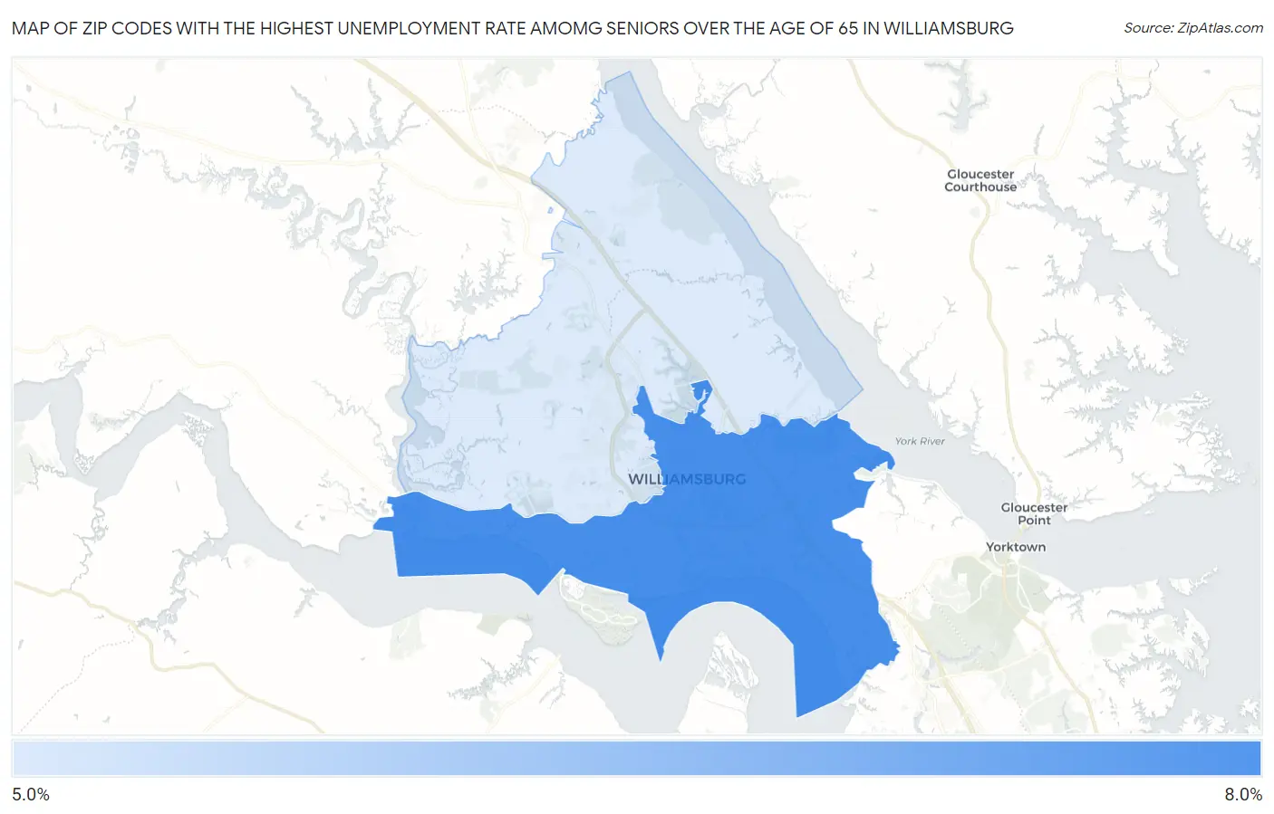 Zip Codes with the Highest Unemployment Rate Amomg Seniors Over the Age of 65 in Williamsburg Map