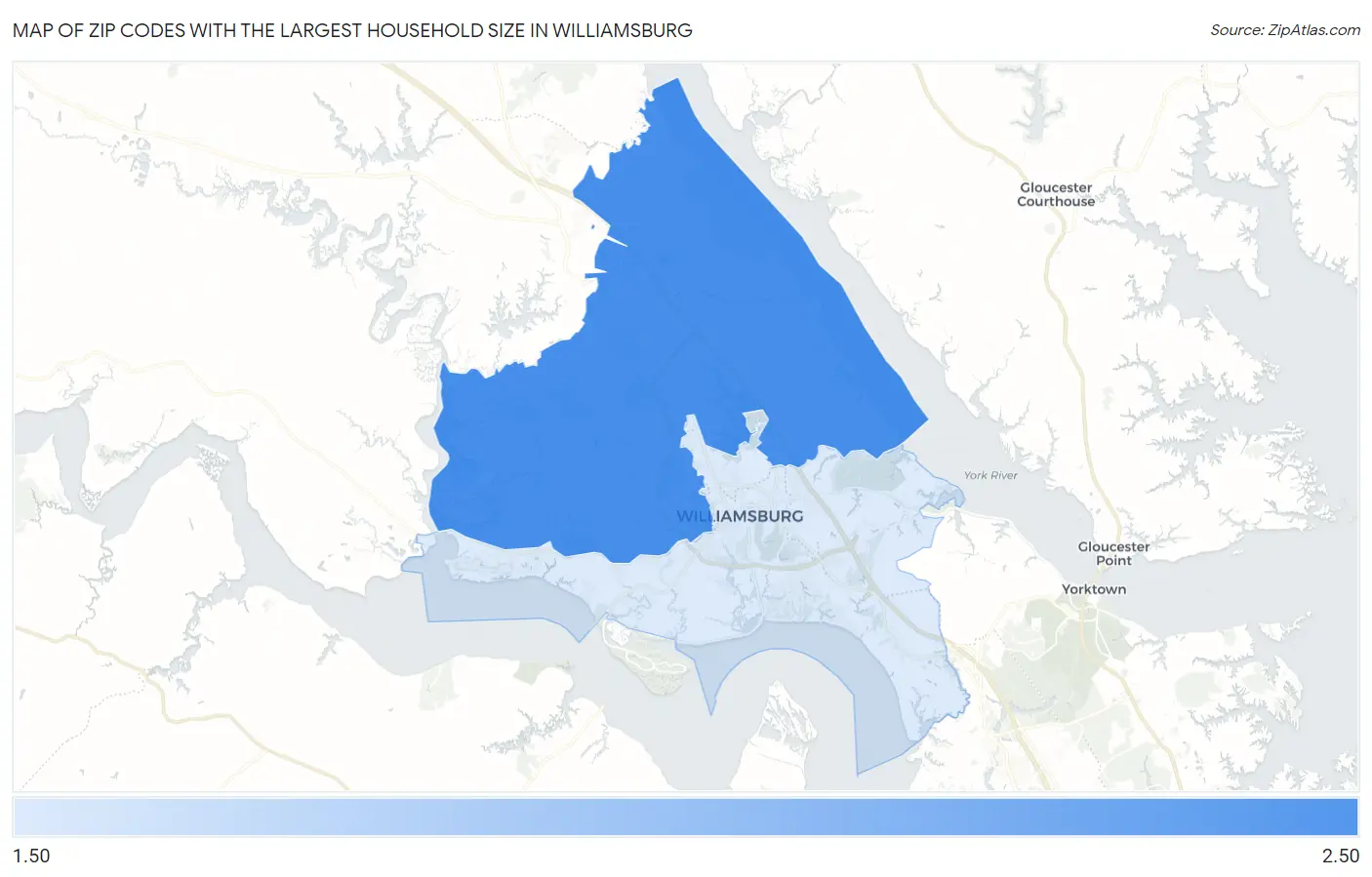 Zip Codes with the Largest Household Size in Williamsburg Map