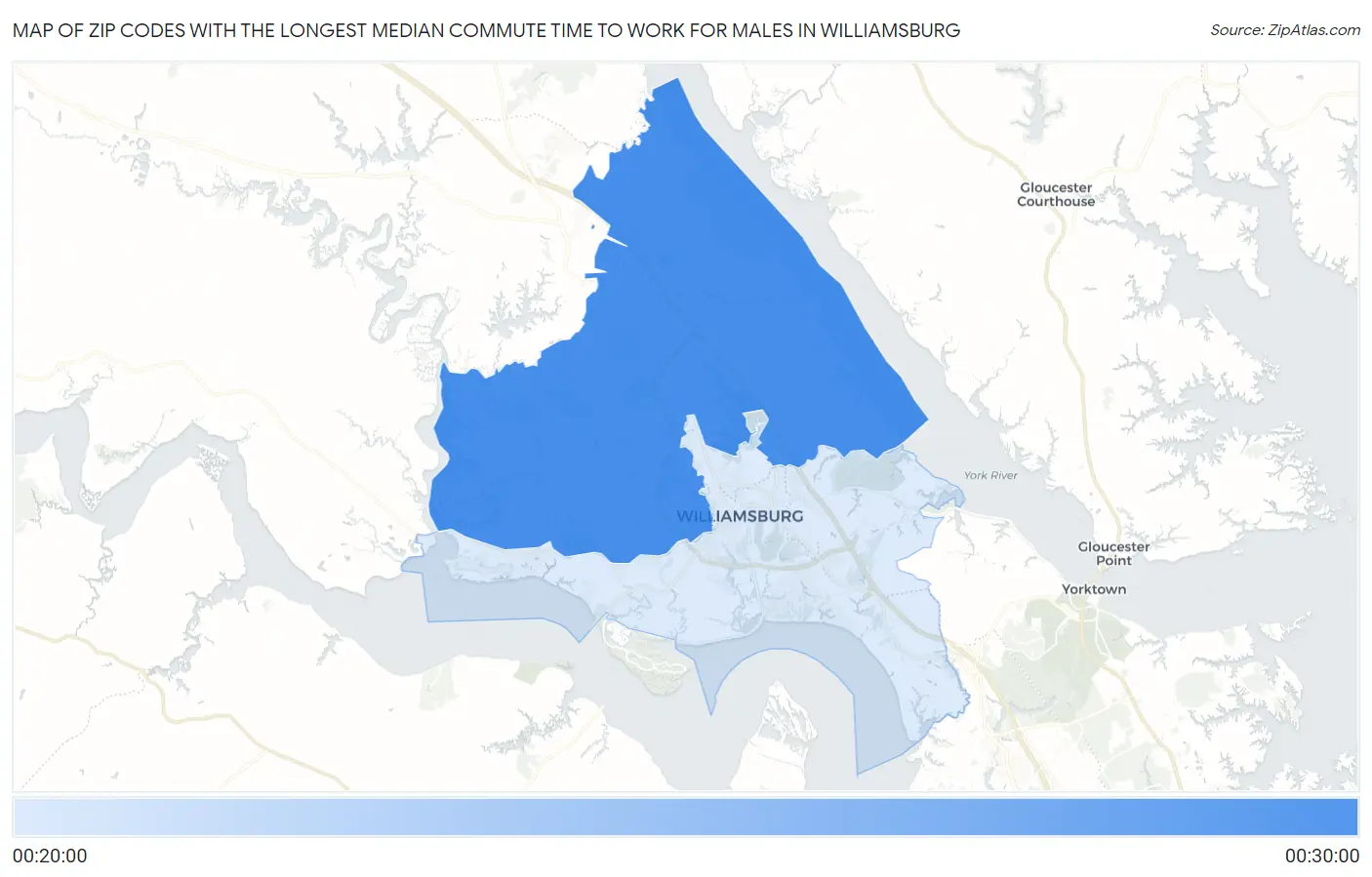 Zip Codes with the Longest Median Commute Time to Work for Males in Williamsburg Map