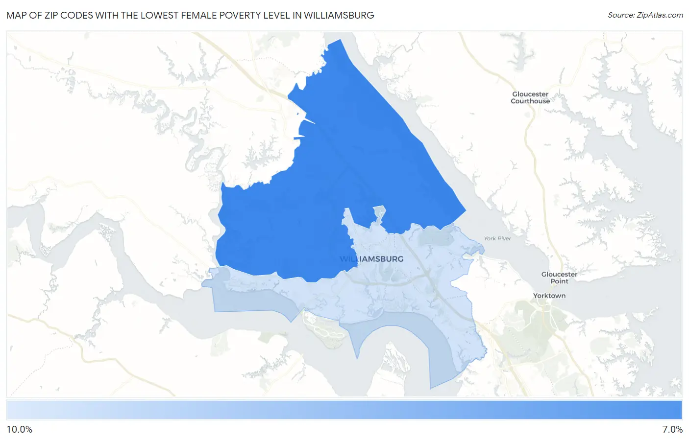Zip Codes with the Lowest Female Poverty Level in Williamsburg Map