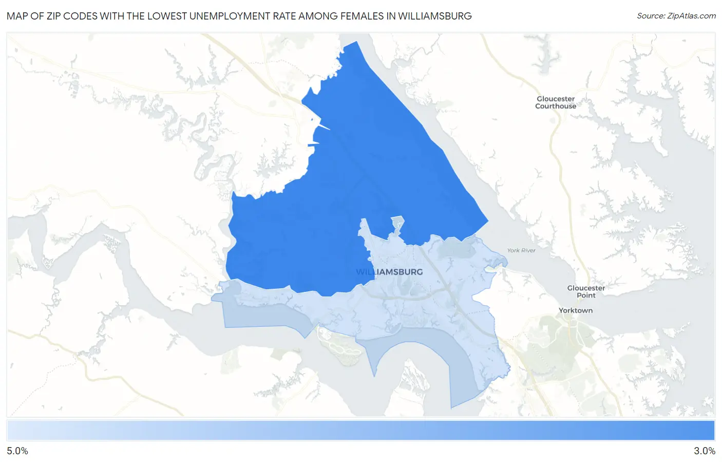 Zip Codes with the Lowest Unemployment Rate Among Females in Williamsburg Map