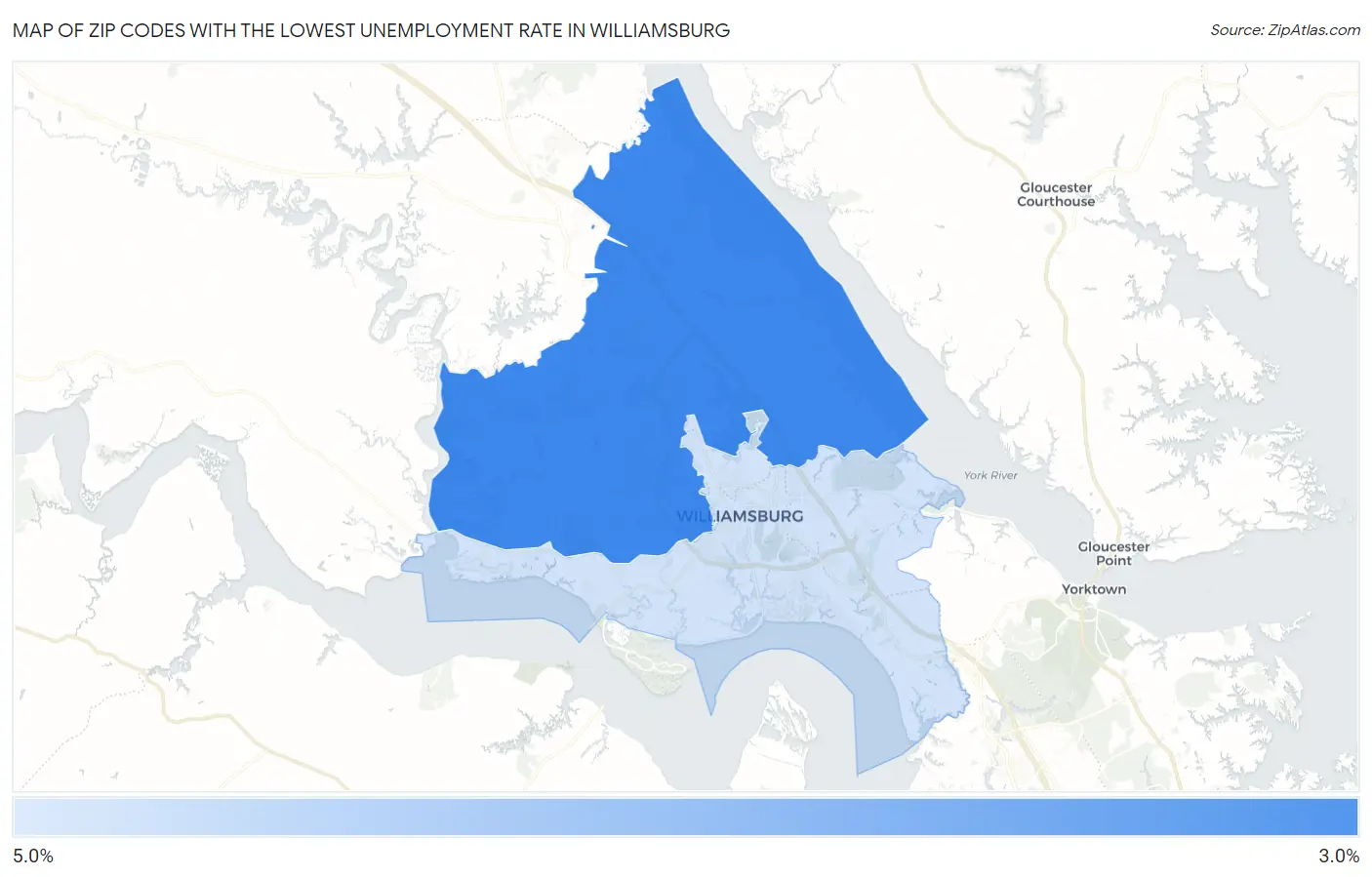 Zip Codes with the Lowest Unemployment Rate in Williamsburg Map