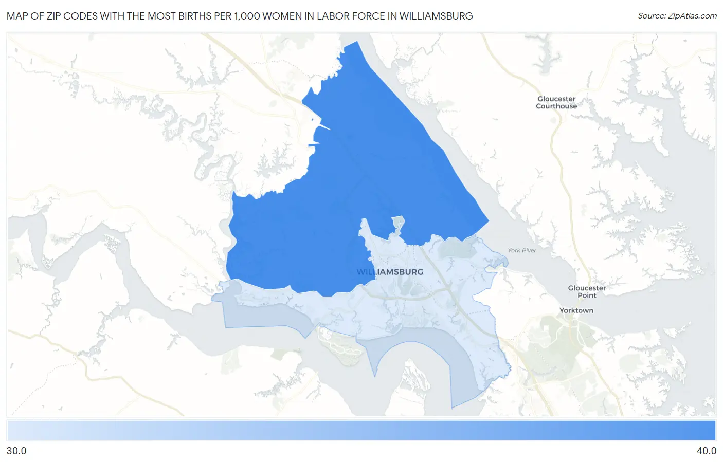 Zip Codes with the Most Births per 1,000 Women in Labor Force in Williamsburg Map