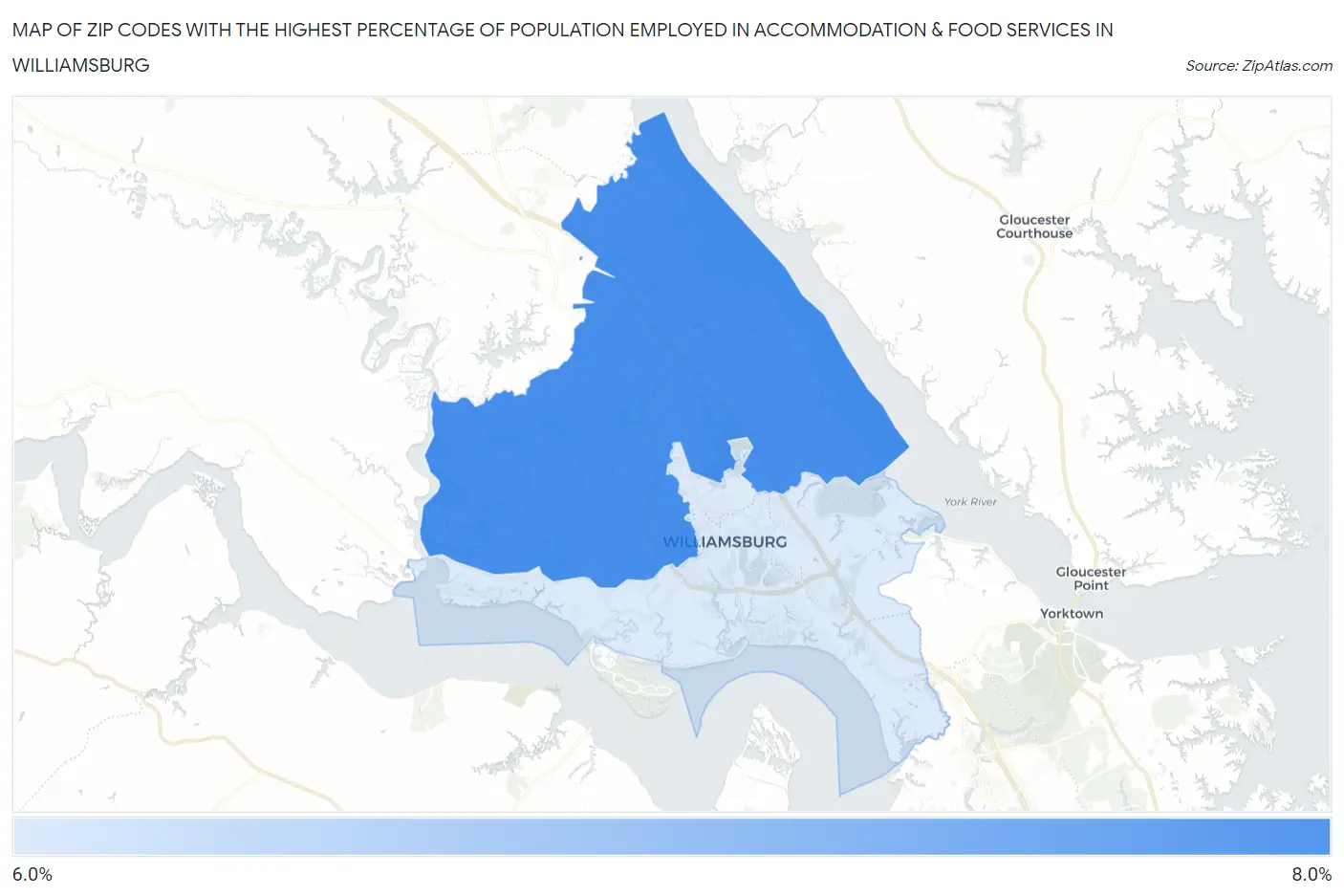 Zip Codes with the Highest Percentage of Population Employed in Accommodation & Food Services in Williamsburg Map