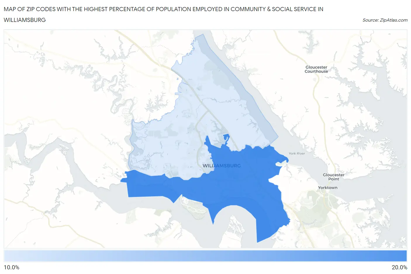 Zip Codes with the Highest Percentage of Population Employed in Community & Social Service  in Williamsburg Map