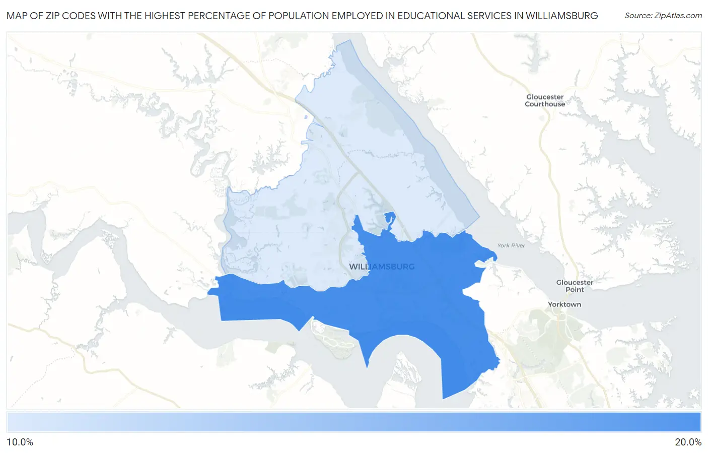 Zip Codes with the Highest Percentage of Population Employed in Educational Services in Williamsburg Map