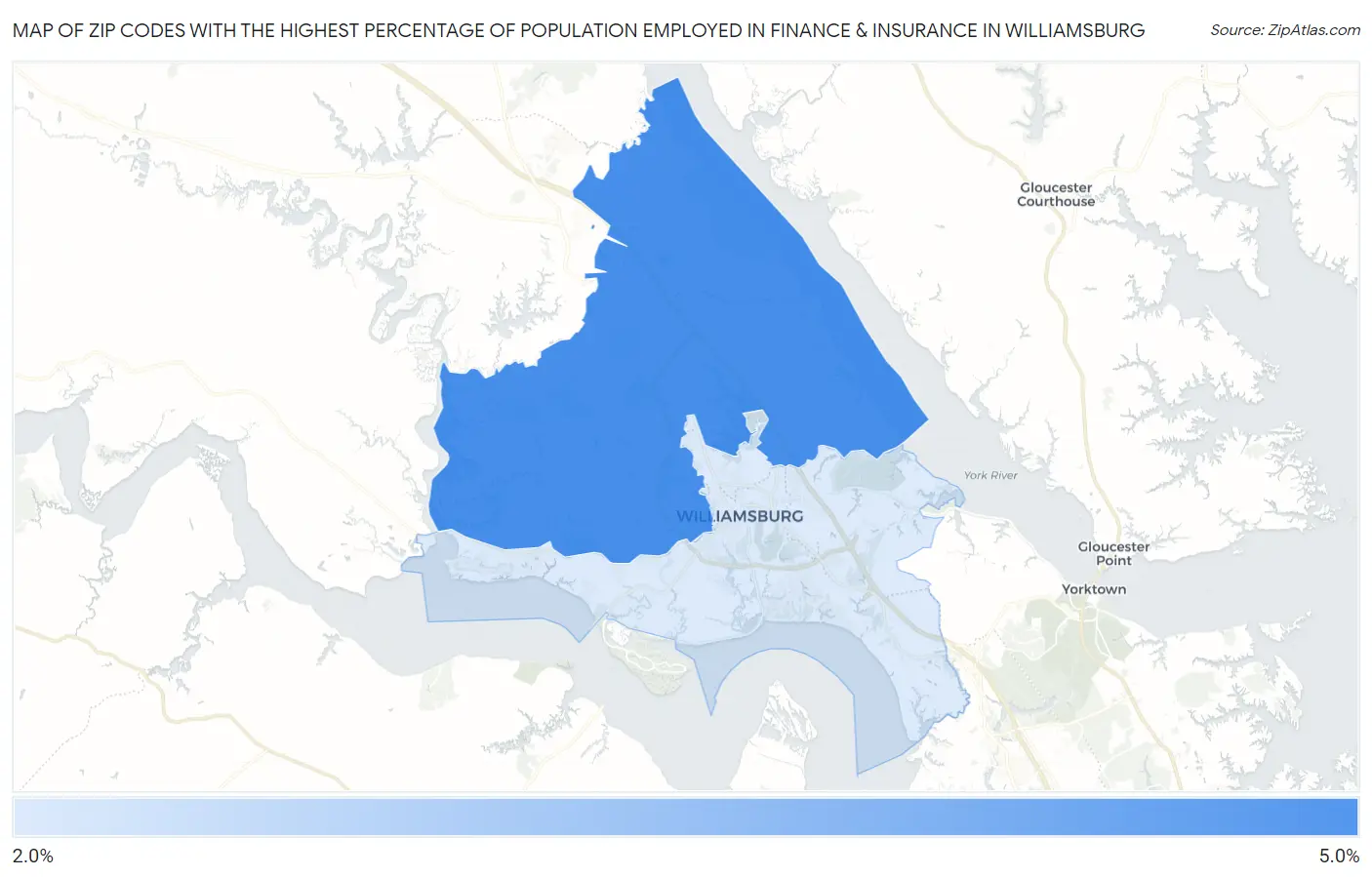 Zip Codes with the Highest Percentage of Population Employed in Finance & Insurance in Williamsburg Map